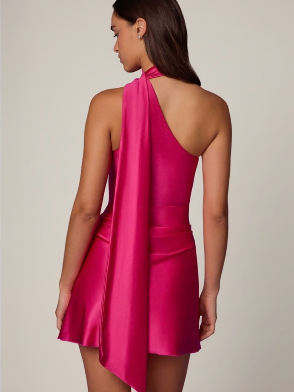 Oh Polly Hot Pink One-Shoulder Mini Dress with Draped Neck Tie - Picture 2 of 6